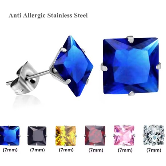 SET OF 6 Hypoallergenic 7MM Multi Color Faceted Princess Cut Stainless Steel NWT - Picture 2 of 7